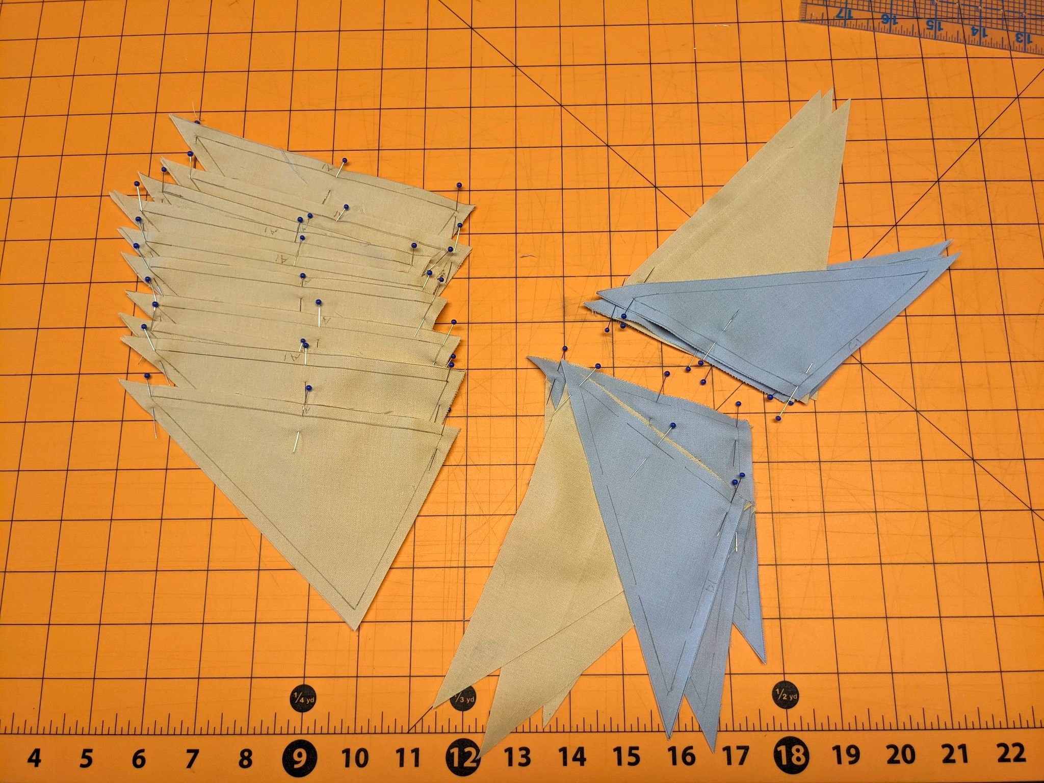 Triangles pinned and ready to sew